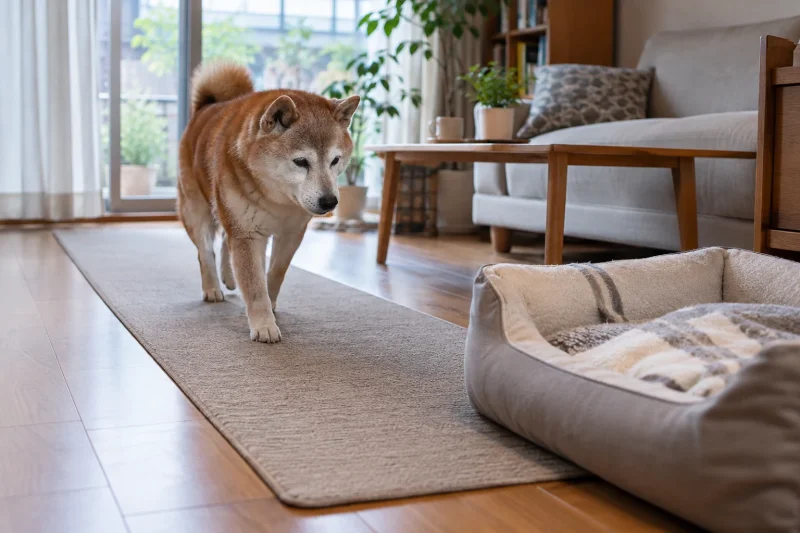 日本の住宅で滑りにくいマットを歩き低い入口のベッドに向かうシニア犬
